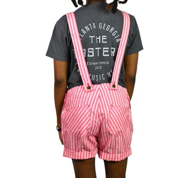 Vintage Mr Fly Bib Overalls Pink Stripe Button Denim Shortalls Shorts Cuffed XS - Picture 4 of 16
